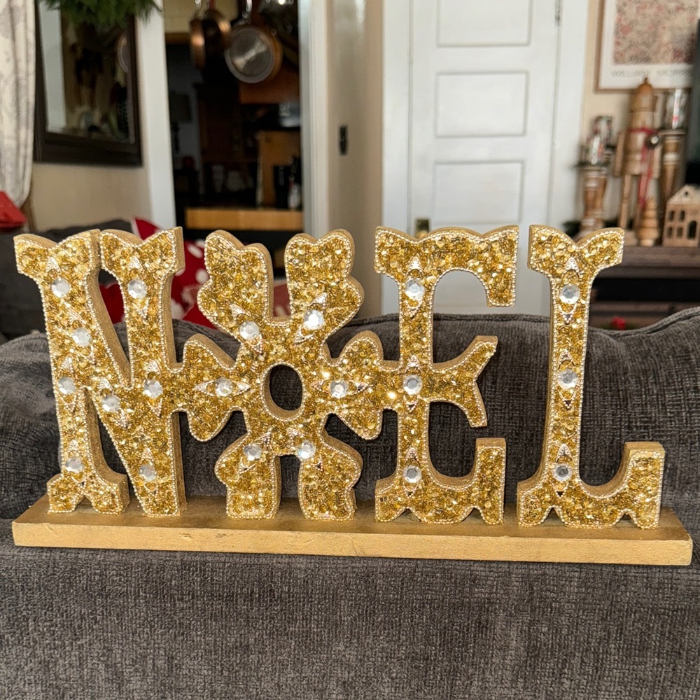NOEL Gold Bedazzled Sparkling Christmas Holiday Standing Wood Sign Decoration